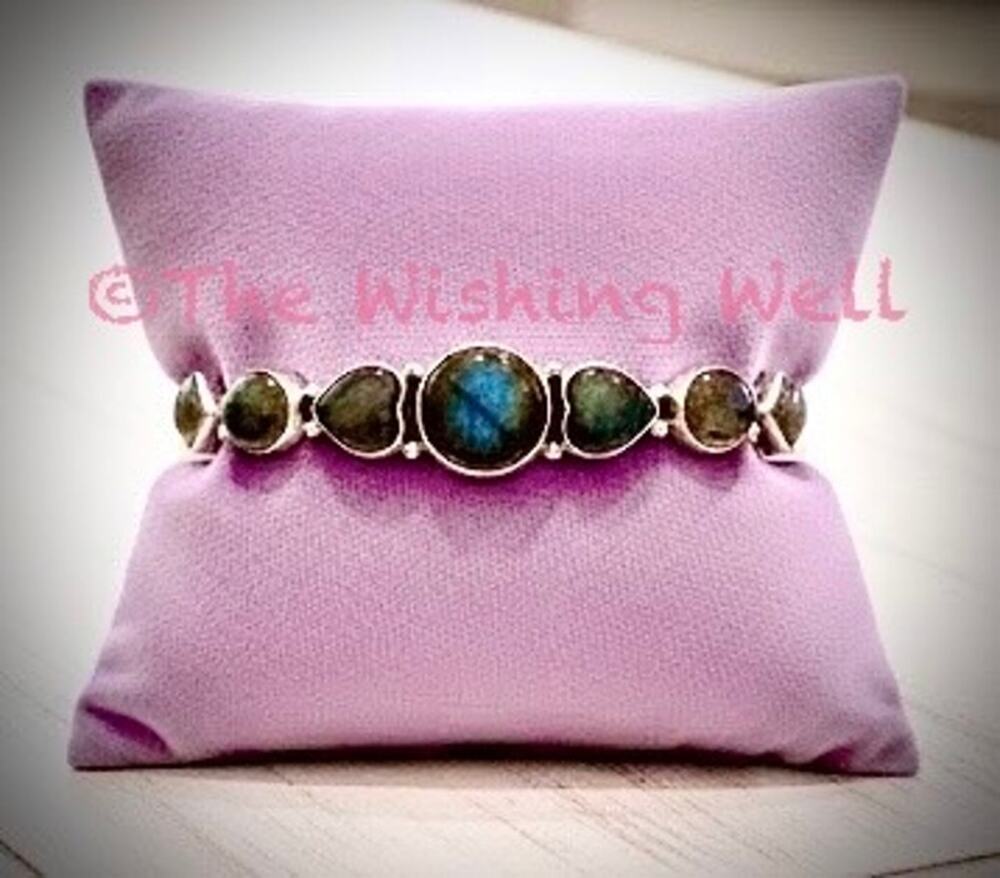 Labradorite Cuff Bracelet Heart Shape 50 grams Sterling Silver 6-8”